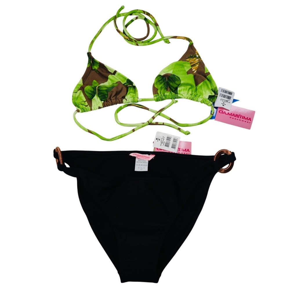 CIA Maritima‎ Bikini Set NWT Triangle Top Ring Detail Bottom Green Brown Black L